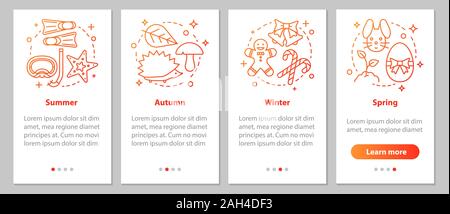 Four seasons onboarding mobile app page screen with linear concepts. Winter, autumn, spring, summer steps graphic instructions. UX, UI, GUI vector tem Stock Vector