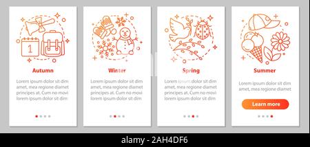 Four seasons onboarding mobile app page screen with linear concepts. Winter, autumn, spring, summer steps graphic instructions. UX, UI, GUI vector tem Stock Vector