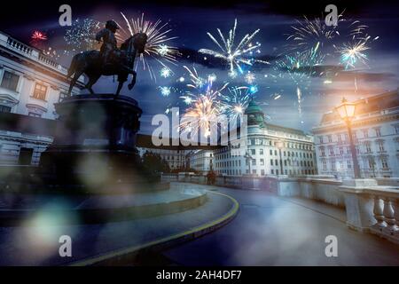 celebrate abstract holidays in vienna, austria, europe. christmas or new year fireworks at night. composite imagery Stock Photo