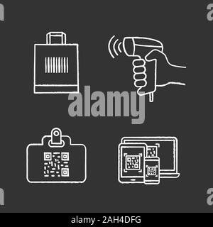 Barcodes chalk icons set. QR code identification card, handheld barcode scanner, shopping bag, hang tag scanning. Isolated vector chalkboard illustrat Stock Vector