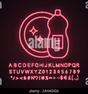 Dish washing liquid neon light icon. Dishwash detergent. Cleaning chemicals. Glowing sign with alphabet, numbers and symbols. Vector isolated illustra Stock Vector
