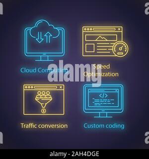SEO neon light icons set. Cloud computing, speed optimization, traffic conversion, custom coding. Glowing signs. Vector isolated illustrations Stock Vector