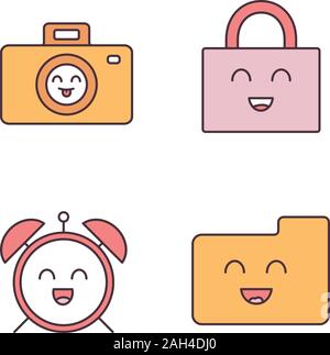 Smiling items color icons set. Characters. Happy camera, padlock, alarm clock, folder. Isolated vector illustrations Stock Vector