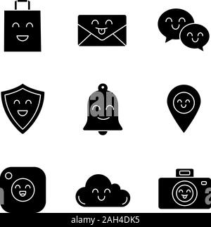 Smiling items glyph icons set. Happy shopping bag, letter, speech bubbles, shield, bell, map pinpoint, camera, cloud, photocamera. Silhouette symbols. Stock Vector