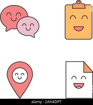 Smiling items color icons set. Characters. Happy speech bubbles, clipboard, map pinpoint, file. Isolated vector illustrations Stock Vector