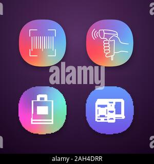 Barcodes app icons set. Linear code, handheld barcode scanner, shopping bag, QR codes on different devices. UI/UX user interface. Web or mobile applic Stock Vector