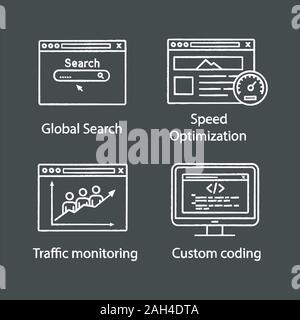 SEO chalk icons set. Global search, speed optimization, traffic monitoring, custom coding. Isolated vector chalkboard illustrations Stock Vector