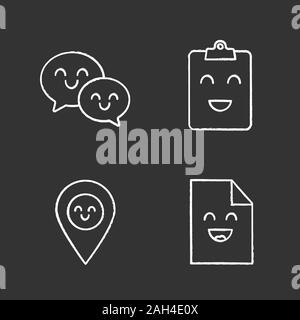 Smiling items chalk icons set. Characters. Happy speech bubbles, clipboard, map pinpoint, file. Isolated vector chalkboard illustrations Stock Vector