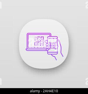 QR code scanning smartphone app icon. Barcode authorization. Mobile phone reading barcode on PC screen. Matrix code displayed on laptop scanning with Stock Vector