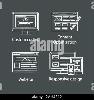 SEO chalk icons set. Custom coding, content editing, website, responsive design. Isolated vector chalkboard illustrations Stock Vector