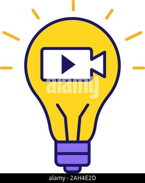 Movie idea color icon. Cinematography. Film industry. Creative idea. Light bulb with movie camera inside. Isolated vector illustration Stock Vector