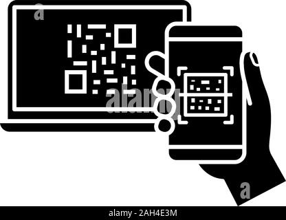 QR code scanning smartphone app glyph icon. Barcode authorization. Mobile phone reading barcode on PC. Code displayed on laptop scanning with smartpho Stock Vector
