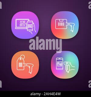 Barcodes app icons set. Smartphone bar code scanning, delivery barcode scanning, hang tag, handheld qr code scanner. UI/UX user interface. Web or mobi Stock Vector