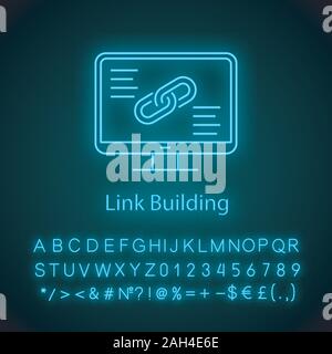 Link building neon light icon. SEO. Link sharing. Using hyperlink. Computer display. Glowing sign with alphabet, numbers and symbols. Vector isolated Stock Vector