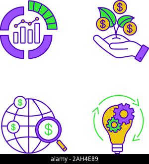 Startup color icons set. IPO, seed money, investment research, idea generation. Isolated vector illustrations Stock Vector