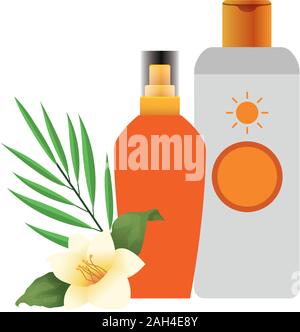beautiful flower and leaf with sunscreens bottles Stock Vector