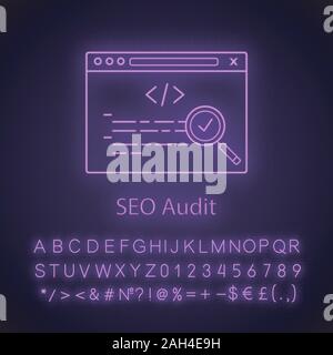 SEO audit neon light icon. Search optimization. Custom coding. Website analyzing. Site development. Web site ranking. Glowing sign with alphabet, numb Stock Vector