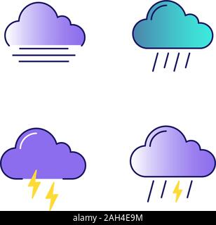 Weather forecast color icons set. Autumn. Fog, rainy weather, thunder, thunderstorm. Isolated vector illustrations Stock Vector