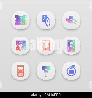 Barcodes app icons set. UI/UX user interface. QR and linear codes scanning app, device, cash receipt, barcode in hand, paper check, product bar code. Stock Vector