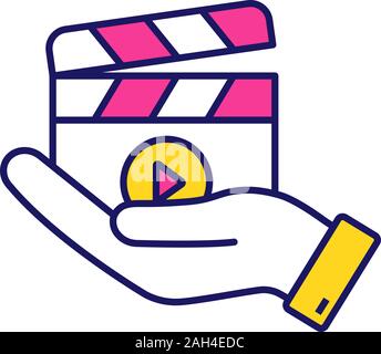 Movie release color icon. Video production. Cinematography. Hand holding clapperboard. Film director. Isolated vector illustration Stock Vector