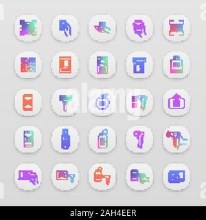 Barcodes app icons set. Linear and matrix bar codes. Barcodes reading, scanning apps, devices. QR codes in retail industry, inventory, control, delive Stock Vector