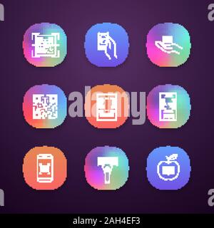 Barcodes app icons set. QR and linear codes scanning app, device, cash receipt, barcode in hand, paper check, product bar code. UI/UX user interface. Stock Vector