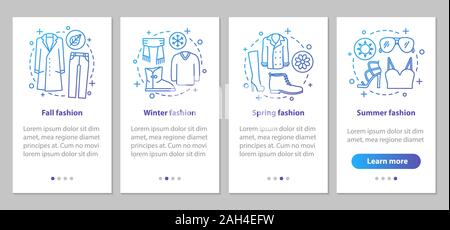Fashion collections onboarding mobile app page screen with linear concepts. Fall, winer, spring, summer outfit. Walkthrough steps graphic instructions Stock Vector