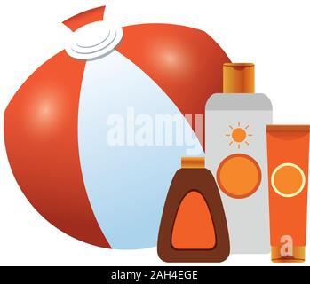 beach hat with sun bronzers bottles icon Stock Vector