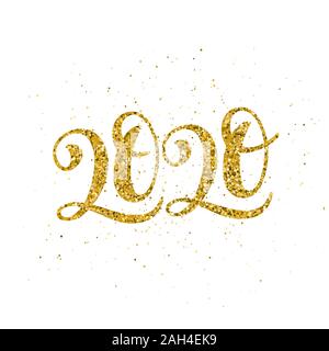 Golden 2020 Happy New Year poster with hand drawn lettering composition. Seasonal flyers and greetings cards for Christmas holydays. White background and gold sparkling font. Vector illustration. Stock Vector