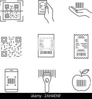 Barcodes linear icons set. QR code identification card, handheld ...