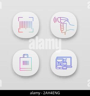 Barcodes app icons set. UI/UX user interface. Linear code, handheld barcode scanner, shopping bag, QR codes on different devices. Web or mobile applic Stock Vector