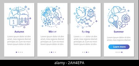 Four seasons onboarding mobile app page screen with linear concepts. Winter, autumn, spring, summer steps graphic instructions. UX, UI, GUI vector tem Stock Vector