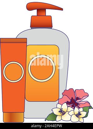 tropical flowers and sunscreens bottles Stock Vector