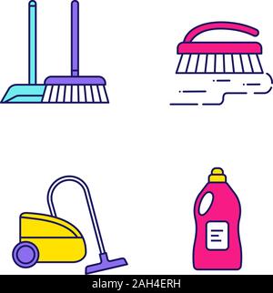 Cleaning service color icons set. Scoop and sweeping brush, vacuum cleaner, scrub brush, cleaning product. Isolated vector illustrations Stock Vector