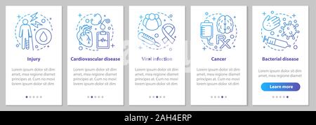 Diseases onboarding mobile app page screen with linear concepts. Viral, bacterial infections, injury, cardiovascular diseases, cancer steps graphic in Stock Vector