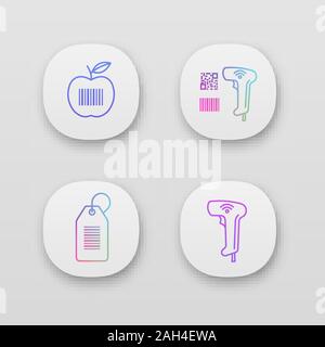 Barcodes app icons set. UI/UX user interface. Product barcode, qr and linear codes scanner, hang tag, wireless handheld reader. Web or mobile applicat Stock Vector
