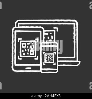 QR codes on different devices chalk icon. Matrix barcodes generator. 2D codes on laptop, smartphone, tablet pc. Data matrix. Barcodes reading and scan Stock Vector