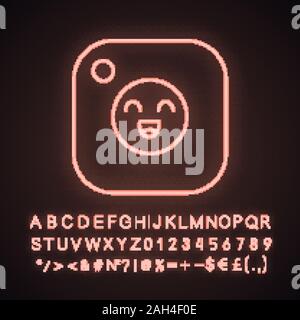 Social media neon light icon. Happy chatting. Thin line illustration. Digital application with smile. Photo camera. Emoji, emoticon. Glowing sign with Stock Vector