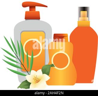 tropical leaf and flower with sunscreens bottles, colorful design Stock Vector