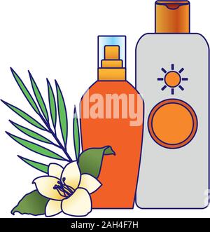 beautiful flower and leaf with sunscreens bottles, colorful design Stock Vector