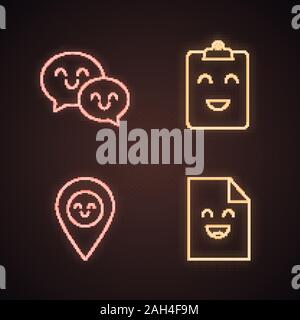 Smiling items neon light icons set. Characters. Happy speech bubbles, clipboard, map pinpoint, file. Glowing signs. Vector isolated illustrations Stock Vector