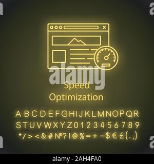 Website speed optimization neon light icon. Web hosting speed. Web performance. Website with speedometer. Glowing sign with alphabet, numbers and symb Stock Vector