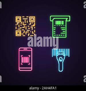 Barcodes neon light icons set. QR code, ATM cash receipt, smartphone barcodes scanning app, handheld linear codes reader. Glowing signs. Vector isolat Stock Vector