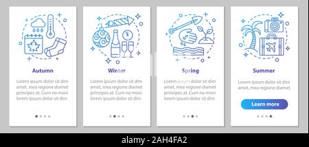 Four seasons onboarding mobile app page screen with linear concepts. Winter, autumn, spring, summer steps graphic instructions. UX, UI, GUI vector tem Stock Vector