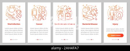 Diseases onboarding mobile app page screen with linear concepts. Viral, bacterial infections, injury, cardiovascular diseases, cancer steps graphic in Stock Vector