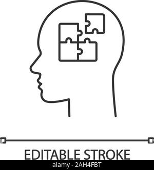 Solution linear icon. Solve problem. Thin line illustration. Thinking process. Find solution. Resolve issue. Insight. Head with puzzles. Contour vecto Stock Vector