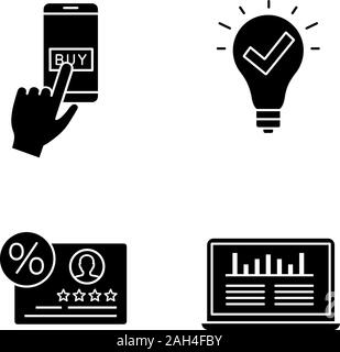 Customer retention and loyalty glyph icons set. Online payment, approved idea, reviews and feedback, web traffic analytics. Silhouette symbols. Vector Stock Vector