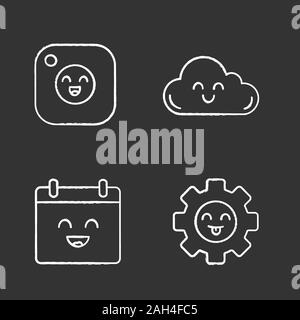 Smiling items chalk icons set. Characters. Happy camera, cloud, calendar, cogwheel. Isolated vector chalkboard illustrations Stock Vector