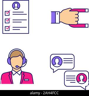 Customer retention and loyalty color icons set. Quality control survey, customer attraction, call center operator, support chat. Isolated vector illus Stock Vector