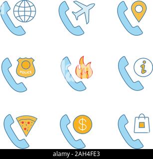 Phone services color icons set. Calls abroad, roaming, phone tracking, call the police, hotline, infocenter, pizza delivery, tariff, shopping. Isolate Stock Vector